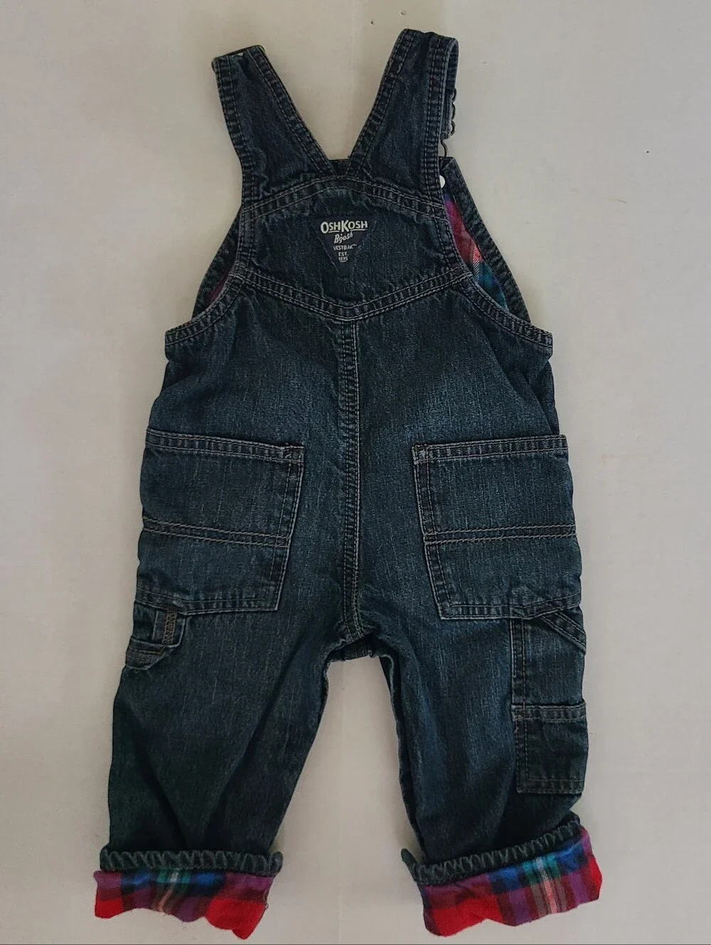 VTG Oshkosh B'gosh Vestbak Dark Denim 12 Mo Overalls Flannel Lined Plaid